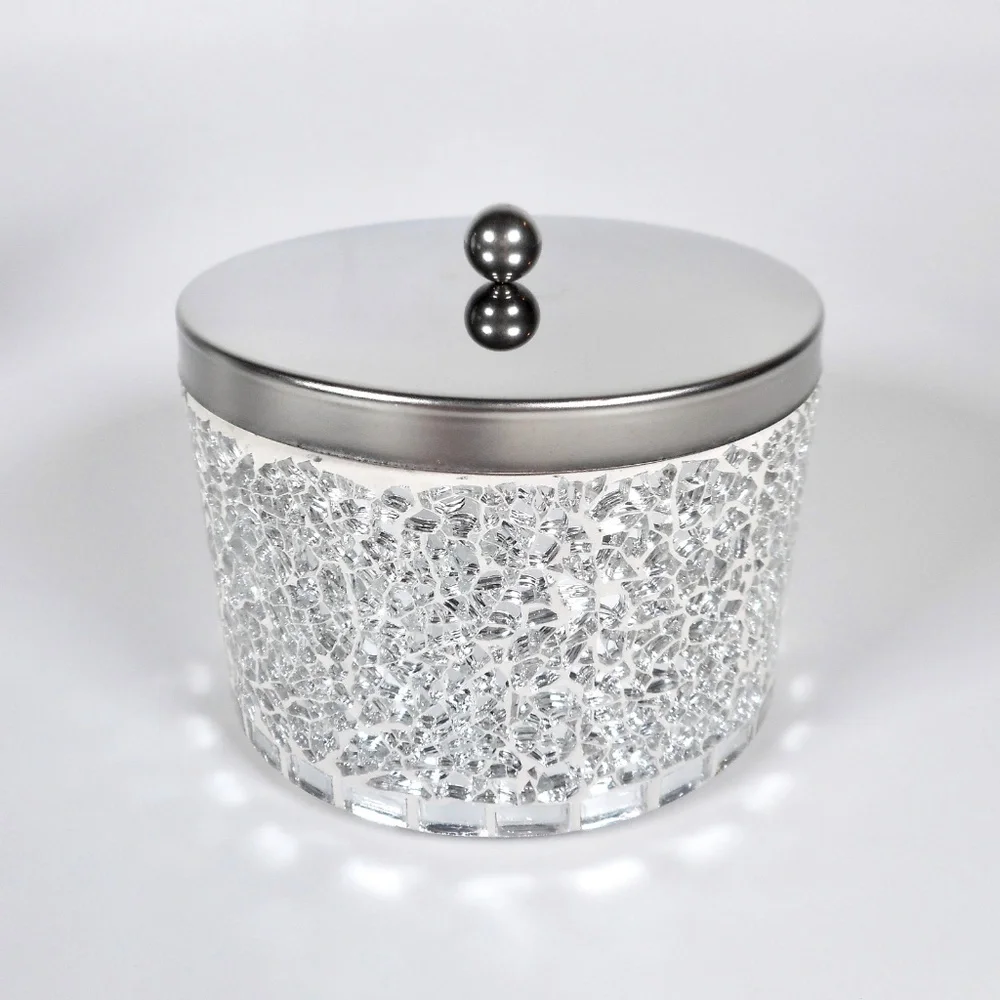4 pc Mosiac Silver Mirror Glass Soap Dispenser Dish Jar Toothbrush Holder Bling